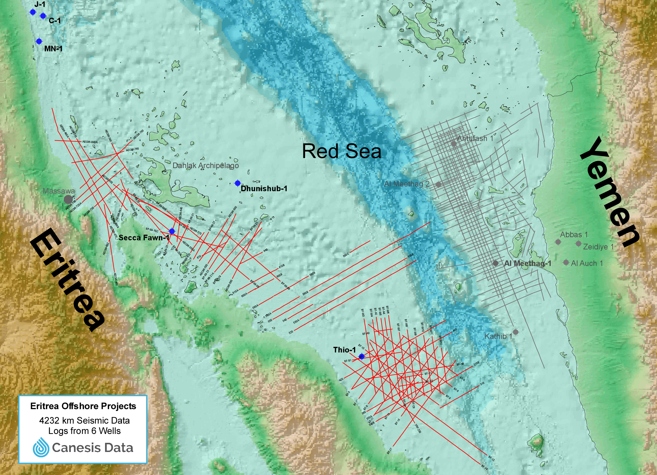 Stick map showing Eritrea Red Sea seismic and well data.