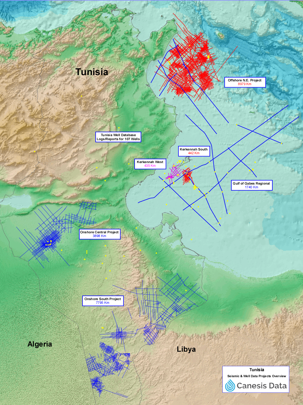 Canesis Tunisia seismic and well data map.