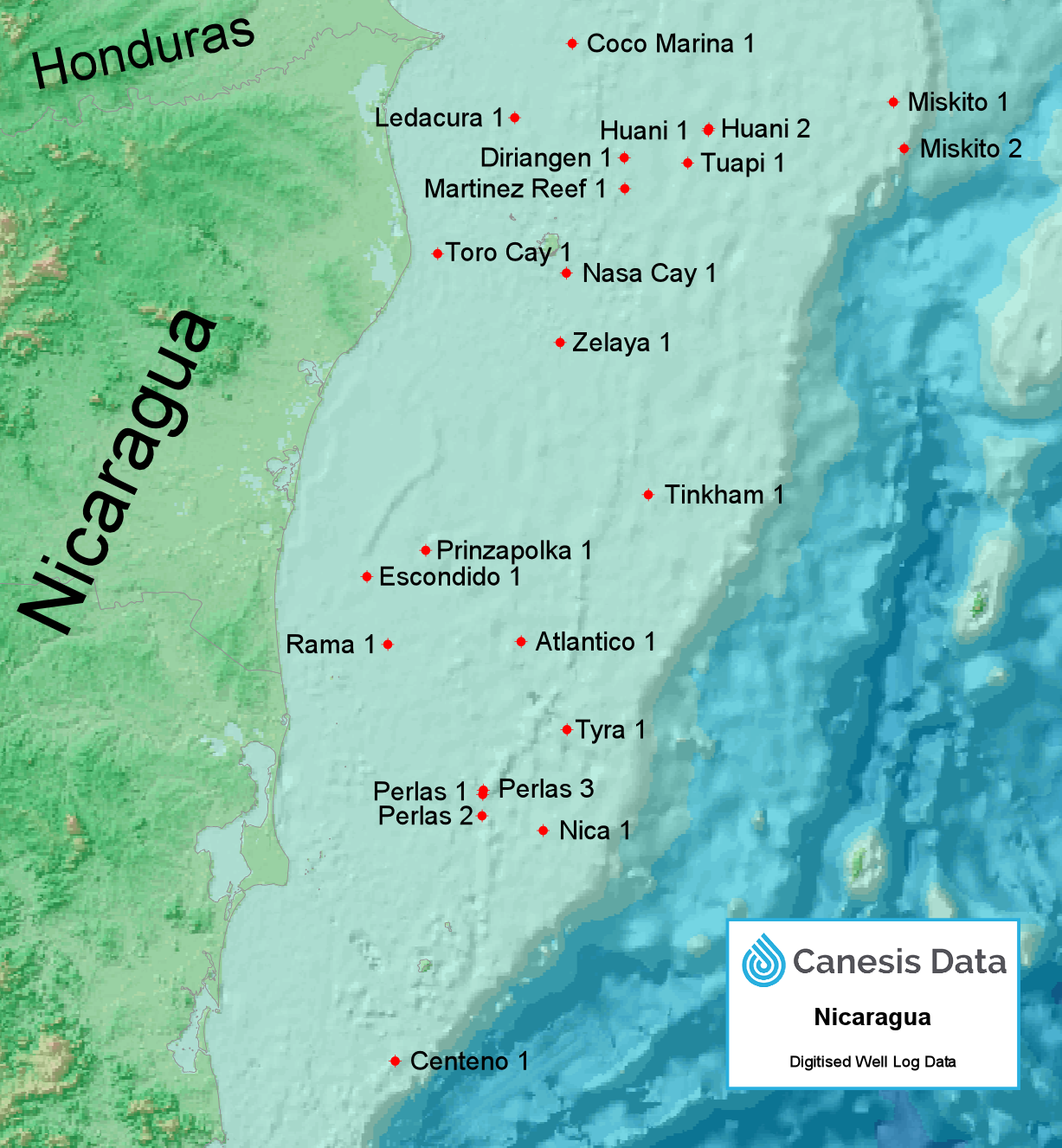 Map showing offshore Nicaragua wells with well logs