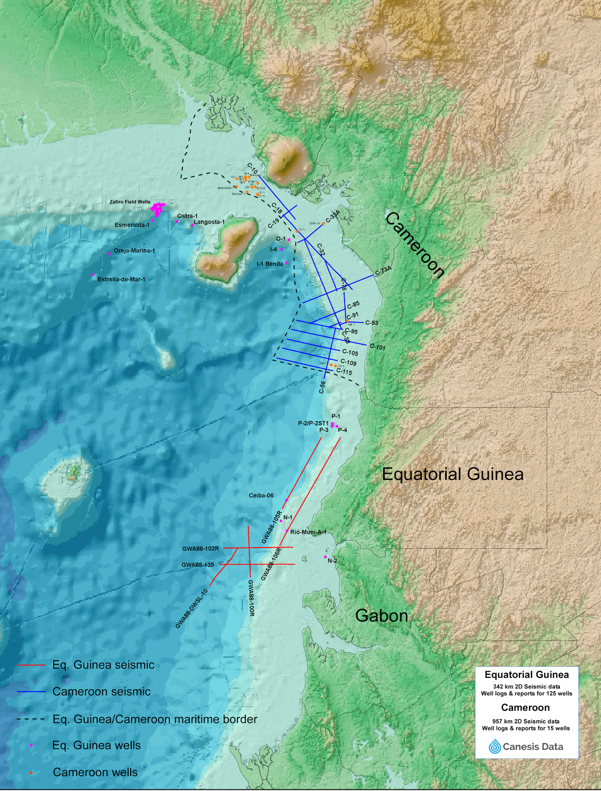 Cameroon & Equatorial Guinea seismic and well data location map.