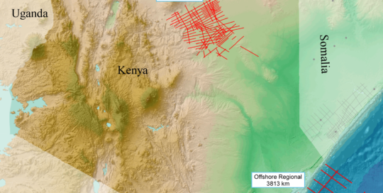 Map showing onshore and offshore Kenya seismic data.