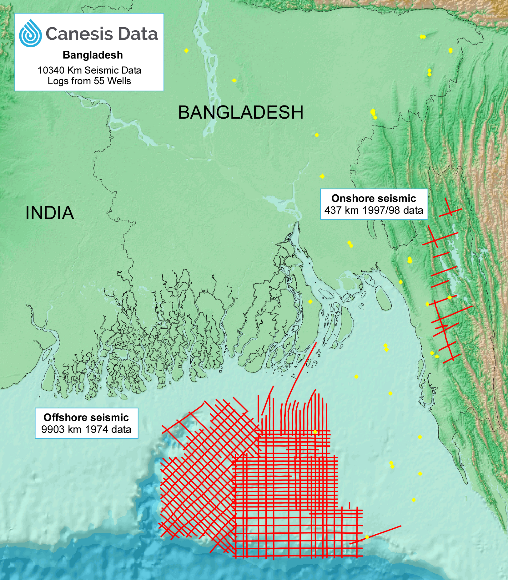 Map showing available Bangladesh offshore and onshore seismic and well data.