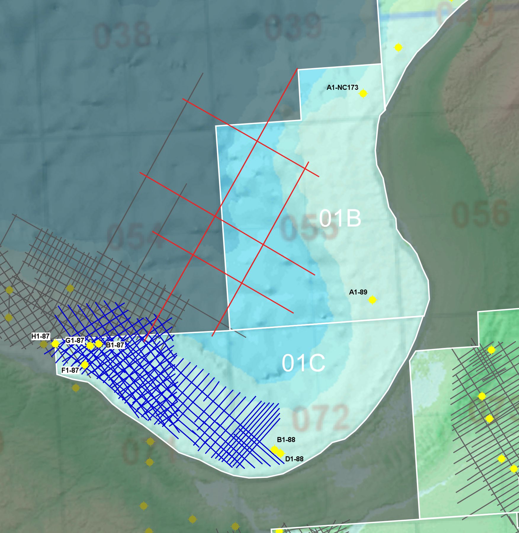 Map showing Canesis datasets within Blocks O1B and O1C