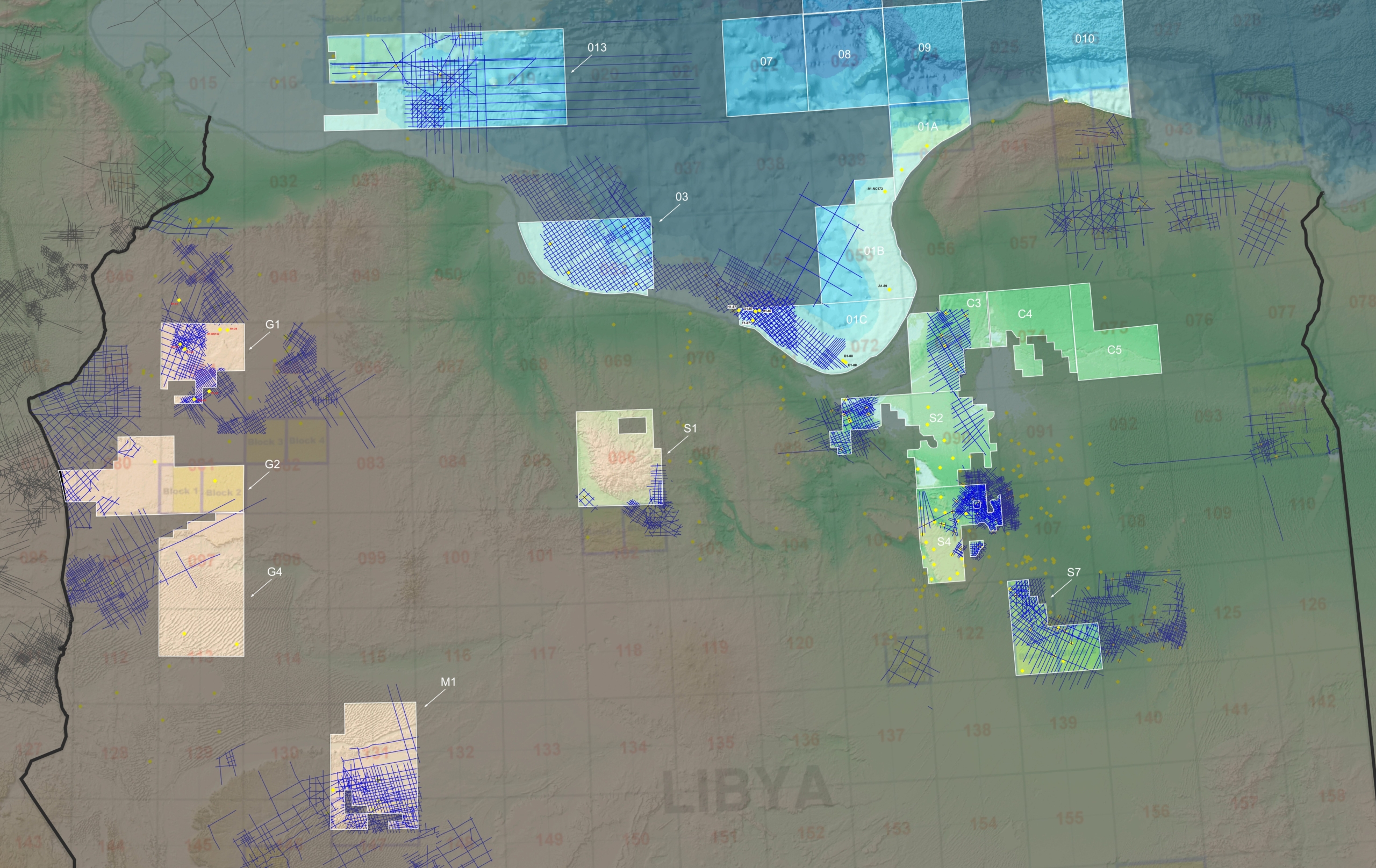 Map showing Canesis datasets in available blocks.