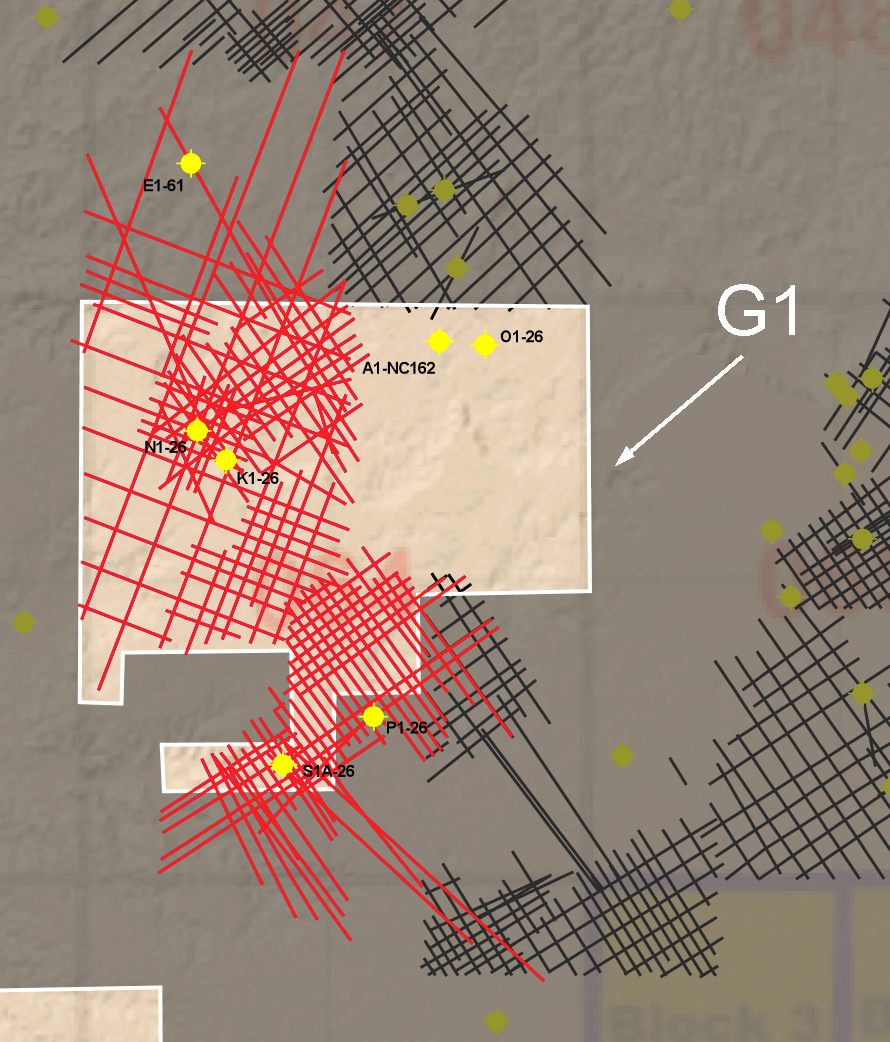 Map of Libya Ghadames Block G1 seismic and well data.