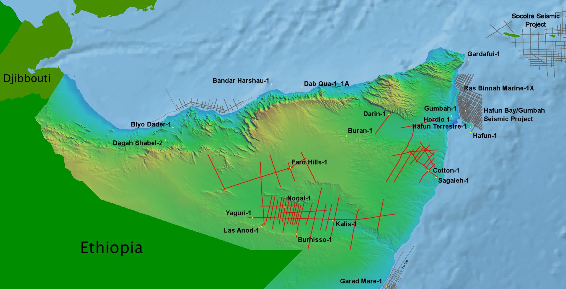Puntland_Somaliland Onshore Map showing seismic and well data for Dharoor and Sagaleh Basins in Puntland/Somaliland.